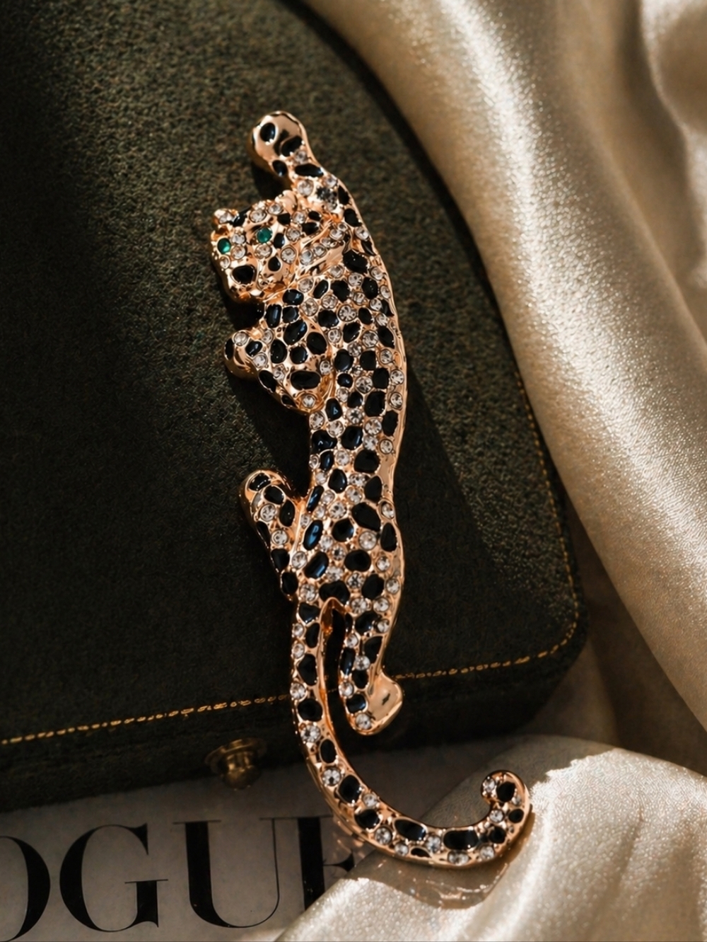 Oversized Leopard Panther Crystal Rhinestone Brooch Pin 4” Gold Tone Statement
